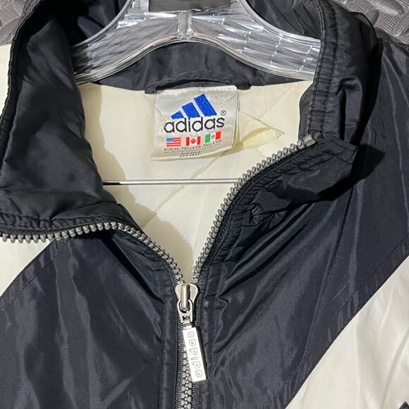 VTG Adidas Jacket Black White Colorblock Spellout Insulated 3 Stripe Mens Medium - Picture 2 of 7
